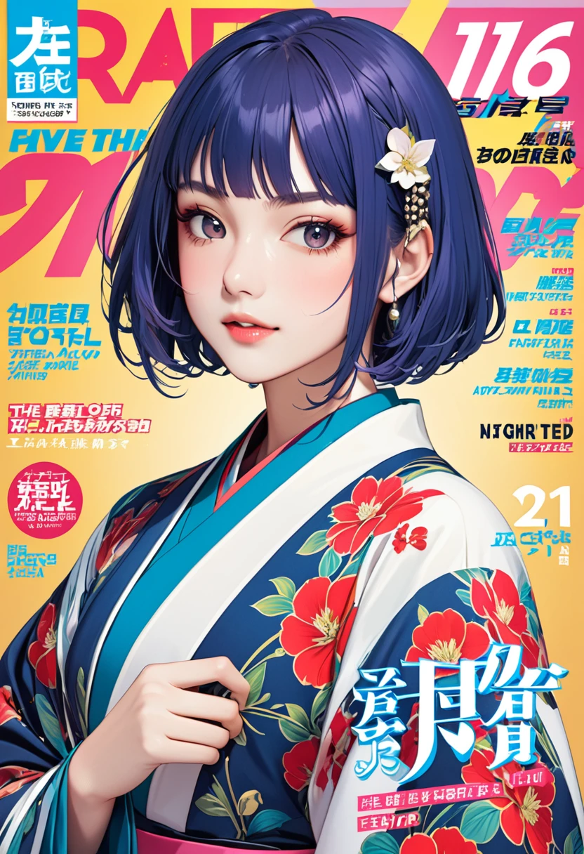 (masterpiece, ultra detailed,best quality),
popart style,(fashion magazine cover:1.3),A girl wearing an aristocratic kimono from the Heian period,(16yo,cute,detailed face,(darkblue wavy-short hair),parallel eyebrows),