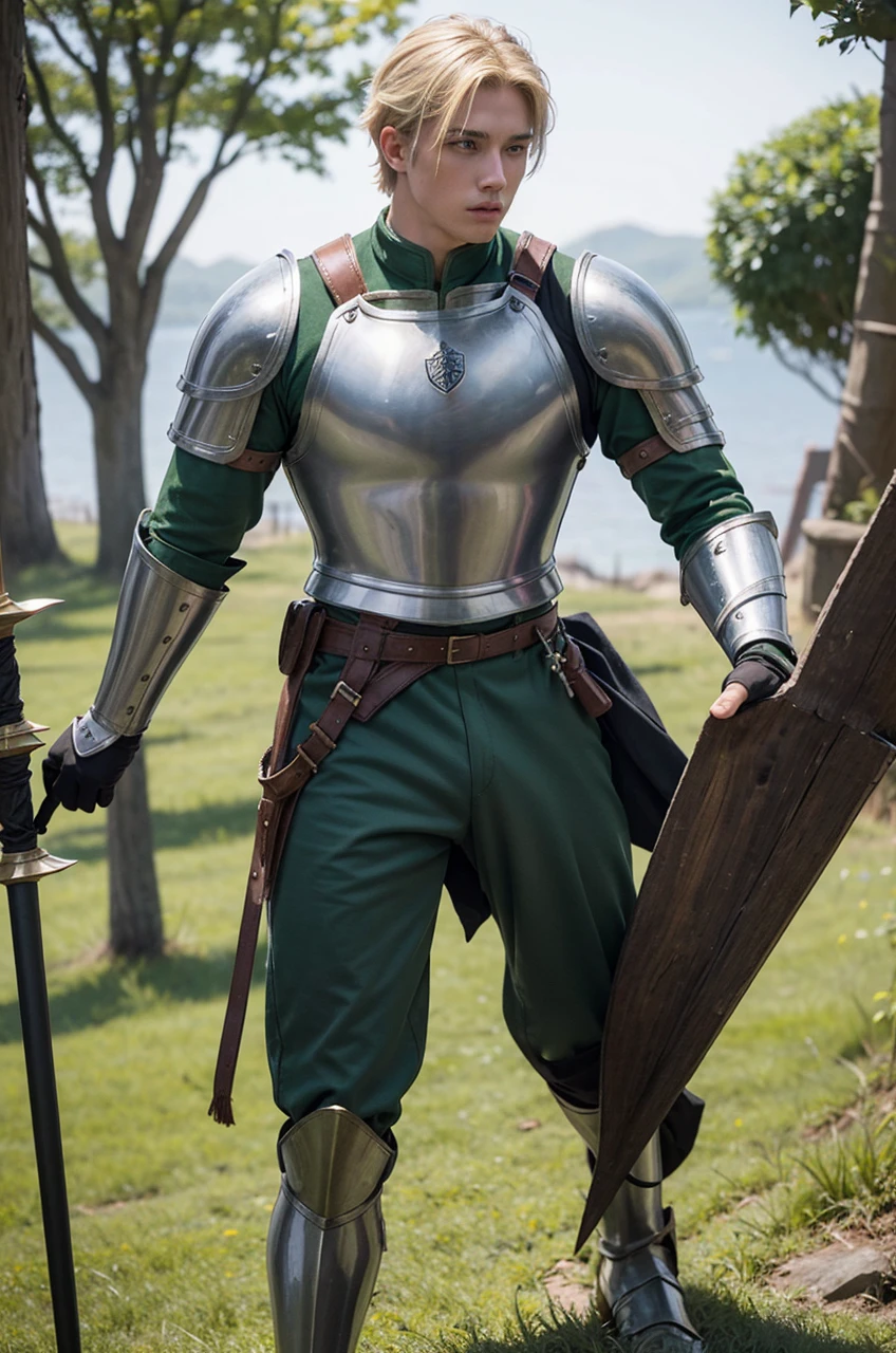 Male Youth with blonde hair, brown eyes and fair skin, wearing green medieval knight armor and gray trousers, gauntlets and boots, weilding spear, fullbody, medieval background, muscular