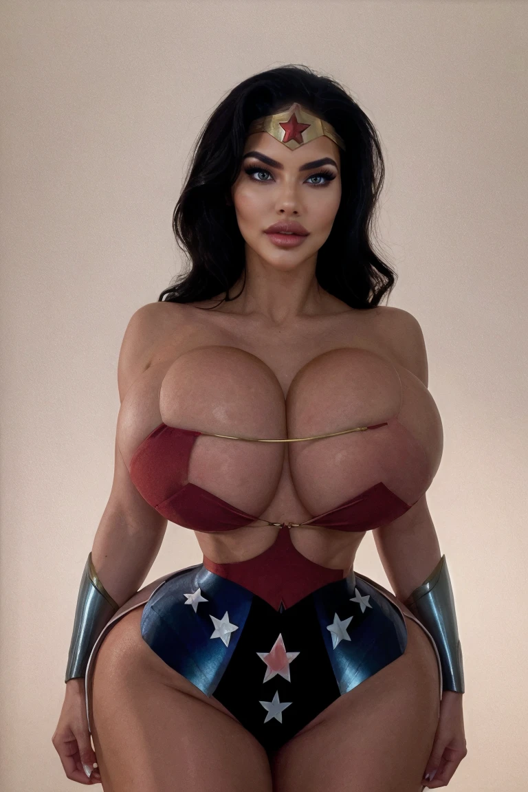 wonder woman, perfect female ai portrait, masterpiece, UHD, beautiful cinematic lighting, best quality, b1mb0, gigantic breasts, wide hips, perfect huge fake perky breasts, tiny waist, thick lips, huge lips, high prominent cheekbones, detailed face, realistic face, beautiful detailed eyes, high contrast, heavy pink blush, skindentation, realistic, sexy positive canthal tilt eyes, pale skin, black hair, blue eyes, dark red blush, muscular, abs, sexy smile, wonder woman outfit, wonder woman breastplate
