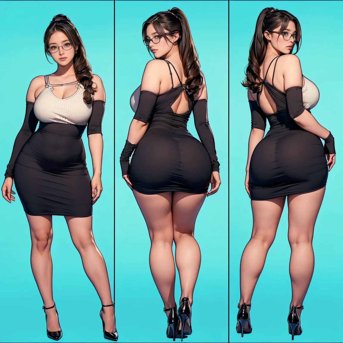((masterpiece)),(((highest quality))),((Reference Sheet, Character Design, in front, looking at the viewer , girl with glasses~ ~ in fron to camera, Mr..々Hairstyle, Mr..々Performance, Facial Expressions)), 30-year-old mini vestido ajustado sosteniendo una copa con una copa en las manos, big tits, Cute type, (curvy:1.4), (normal ass:1.4), Realistic buttocks, Big Breasts, big , normal thigh, Long legs, It's not a big deal, ((High quality fabric, mini vestido ajustado , panties, sosteniendo una copa de vino, zapatos negros), ((walk :1.0)) sosteniendo una copa, con una copa en las manos