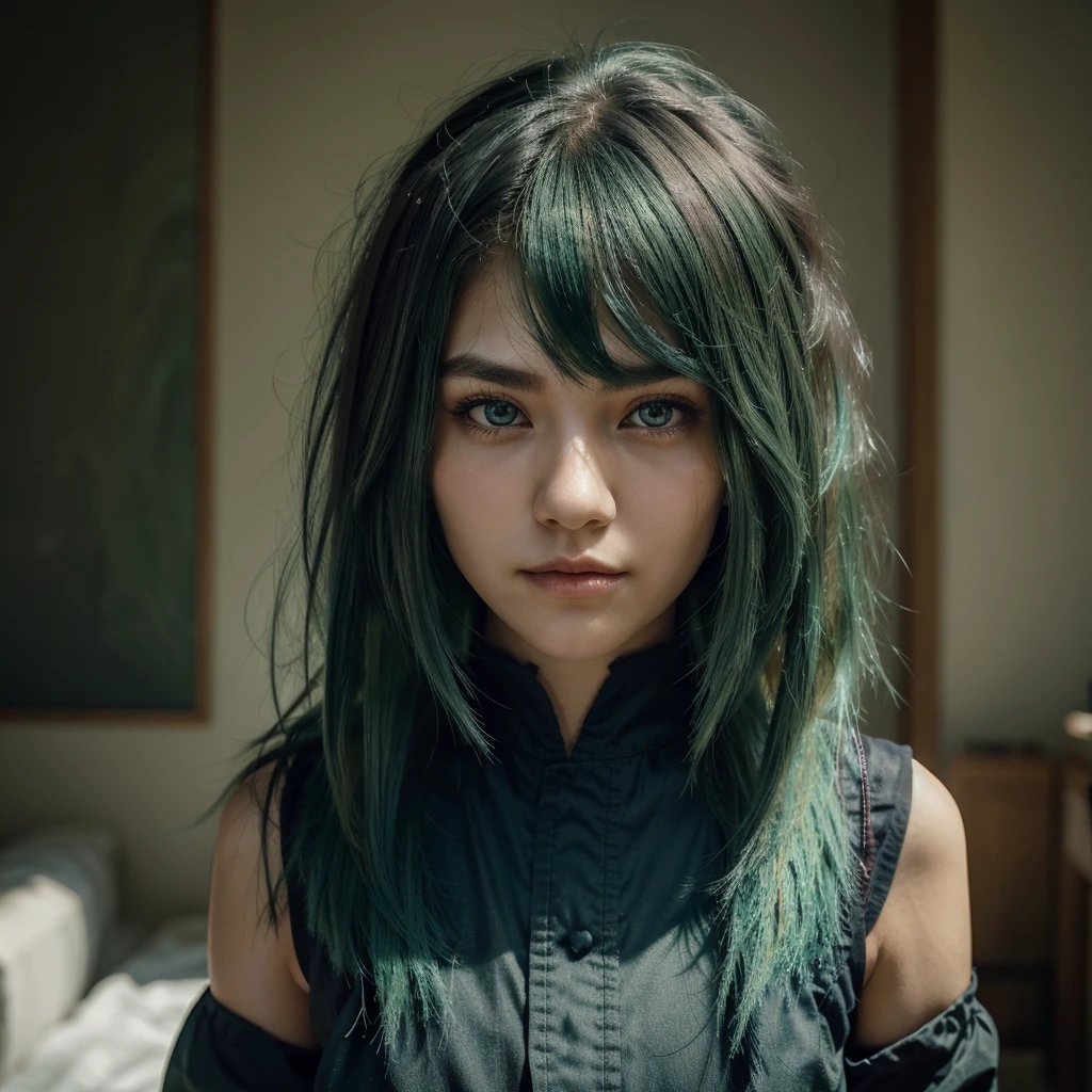 a girl with long wolf cut hairstyle, darkgreen green hair, facing forward, with a cool smirk, beautiful face, masterpiece, best quality, boyish clothing, korean girl, dark blue green eyes, masterpiece, portrait.