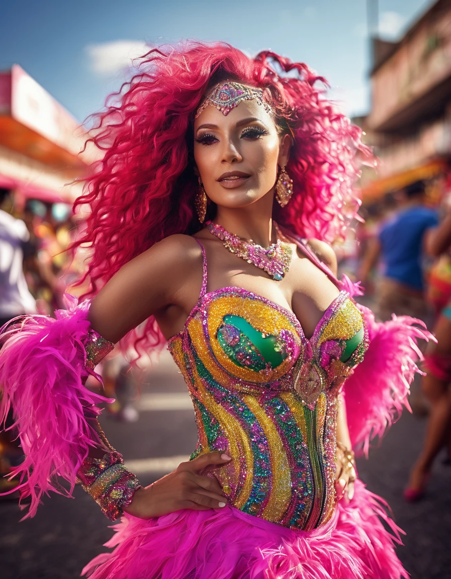 high resolucion, Masterpiece, Best Quality, ((Hasselblad photo)), Sharp focus, (Cinematic lighting), Soft lighting, Dynamic Angle, girl, Mature Brazilian woman, (Wearing a samba dance dress:1.2), carnival, Samba dress, fine detailed skin, Very long striaght pink hair, Highly pink tailed hair, high heels, large full breasts,a narrow waist,bare belly, sparkly skin, intricate detail, ((Cinematic light)), , Brazil, carnival, Colors, 8K,pink hair
