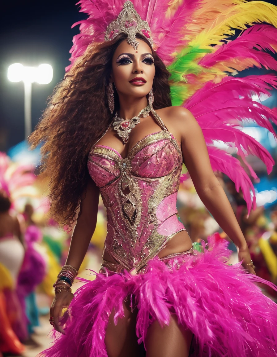 high resolucion, Masterpiece, Best Quality, ((Hasselblad photo)), Sharp focus, (Cinematic lighting), Soft lighting, Dynamic Angle, girls, Mature Brazilian woman, (Wearing a samba dance dress:1.2), carnival, Samba dress, fine detailed skin, Very long wavy pink hair, Highly depink tailed hair, high heels,large full breasts,a narrow waist,bare belly,sparkly skin, intricate detail, ((Cinematic light)), , Brazil, carnival, Colors, 8K