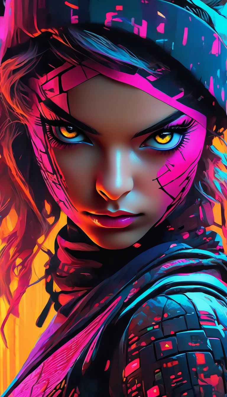 plano general, cuerpo entero, A female ninja with cybernetic clothing, digital illustration, highly detailed, poster, 1girl, beautiful detailed eyes, beautiful detailed lips, extremely detailed eyes and face, long eyelashes, intricate cyberpunk outfit, futuristic neon lighting, dramatic lighting, cinematic composition, sharp focus, vibrant colors, photorealistic, 8k, masterpiece, concept art style