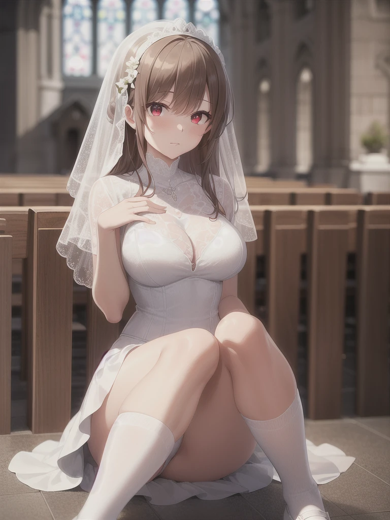 A girl,Long hair, Bangs, Orange Hair, Hair between the eyes, (Red Eyes:1.5), (Large Breasts:1.2),
rest 锁骨, Wedding dress,veil,wedding,White Dress,Flowers,The skirt is broken,White socks,Tights,Black knee socks,
Looking at the audience, whole body,Put your hands in front of you,手拿Flowers,
indoors, church,permanent,permanent,
rest (masterpiece:1.2), best quality, high resolution, Unity 8K wallpaper, (illustration:0.8), (Beautiful and delicate eyes:1.6), Extremely detailed face, Perfect lighting, Extremely detailed CG, (Perfect hands, Perfect anatomical structure),