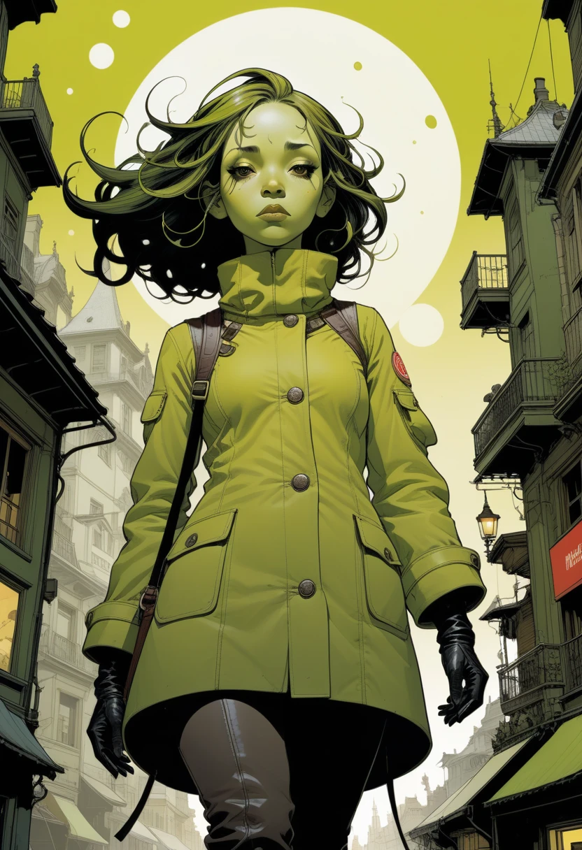 by Jean-Baptiste Monge and Tomer Hanuka, Chartreuse 78, wide angle, hyper detailed, comic cover, bold lines, expressive drawing, American woman