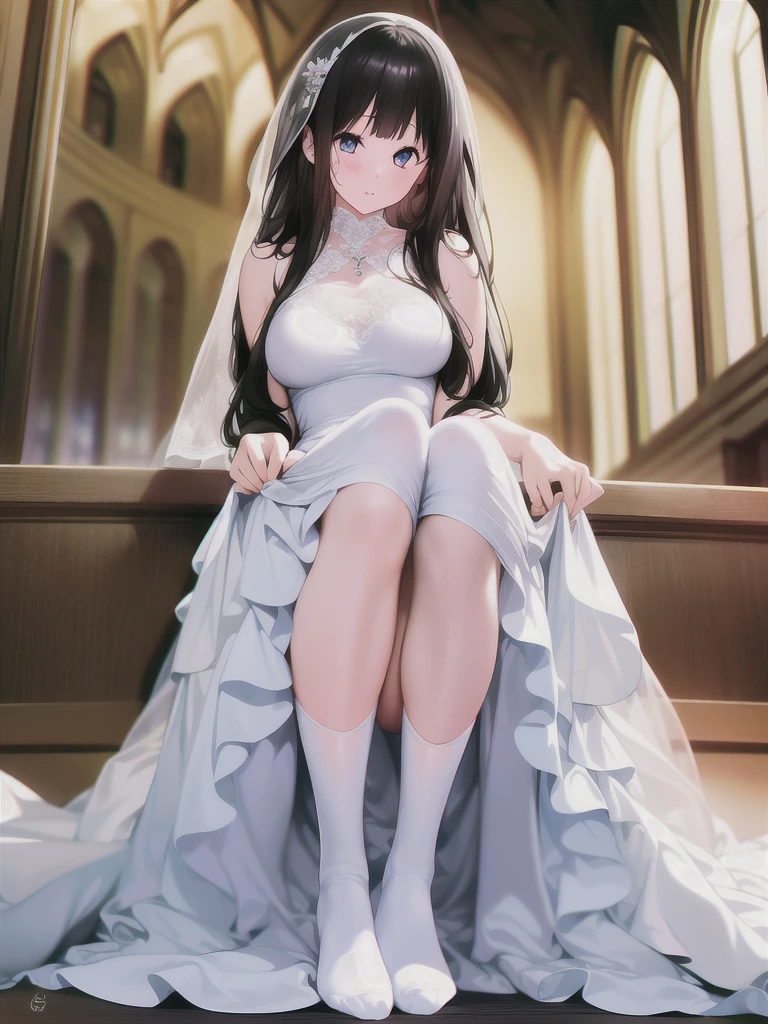 A girl，Long hair, Bangs, black hair, Hair between the eyes, s eyes:（1.5),  (Medium Breast:1.2), 
rest  锁骨, Wedding dress，veil，wedding，White Dress，Flowers，The skirt is broken，White socks，Tights，White knee socks，
Looking at the audience, whole body,
indoors, church，permanent，permanent，
rest (masterpiece:1.2), best quality, high resolution, Unity 8K wallpaper, (illustration:0.8), (美丽细致s eyes:1.6), Extremely detailed face, Perfect lighting, Extremely detailed CG, (Perfect hands, Perfect anatomical structure),