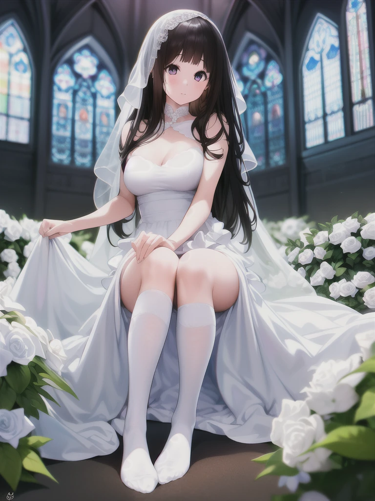 A girl，Long hair, Bangs, black hair, Hair between the eyes, s eyes:（1.5),  (Medium Breast:1.2), 
rest  锁骨, Wedding dress，veil，wedding，White Dress，Flowers，The skirt is broken，White socks，Tights，White knee socks，
Looking at the audience, whole body,
indoors, church，permanent，permanent，
rest (masterpiece:1.2), best quality, high resolution, Unity 8K wallpaper, (illustration:0.8), (美丽细致s eyes:1.6), Extremely detailed face, Perfect lighting, Extremely detailed CG, (Perfect hands, Perfect anatomical structure),