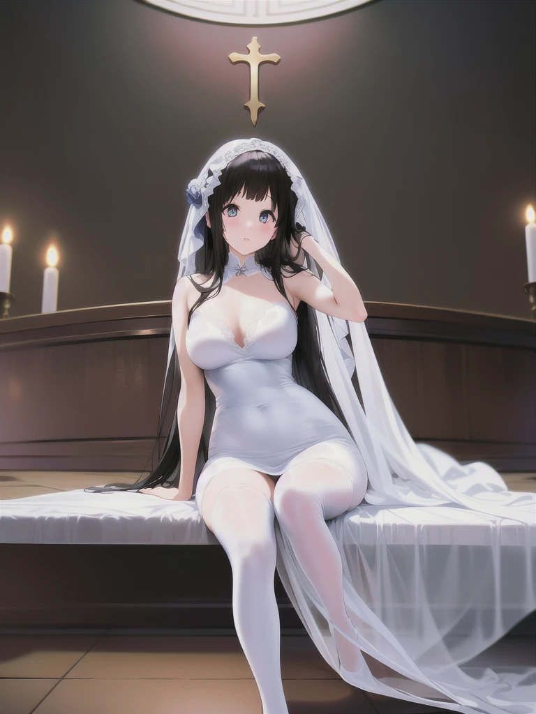 A girl,Long hair, Bangs, black hair, Hair between the eyes, s eyes:(1.5), (Medium :1.2),
rest 锁骨, Wedding dress,veil,wedding,White Dress,Flowers,The skirt is broken,White socks,Tights,White knee socks,
Looking at the audience, whole body,
indoors, church,permanent,permanent,
rest (masterpiece:1.2), best quality, high resolution, Unity 8K wallpaper, (illustration:0.8), (美丽细致s eyes:1.6), Extremely detailed face, Perfect lighting, Extremely detailed CG, (Perfect hands, Perfect anatomical structure),