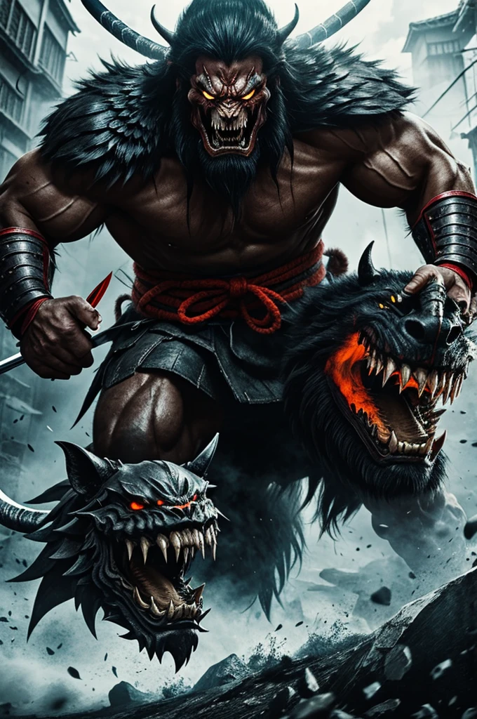 Create a strong scary Japanese warrior fighting with  a beast 