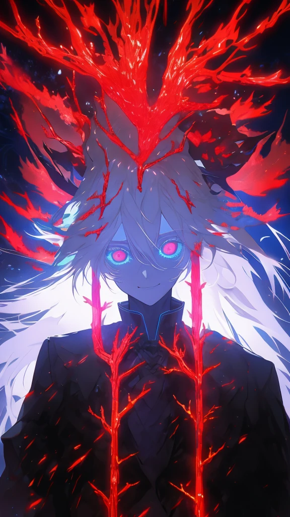 "Create an image of a white-haired man with blue eyes standing in the center of a dark forest filled with countless red, glowing eyes. He is looking directly at the viewer with a wide, crazed smile. The atmosphere is eerie and unsettling, with twisted branches and a fiery glow from the underbrush. The overall mood should be one of horror and dread."