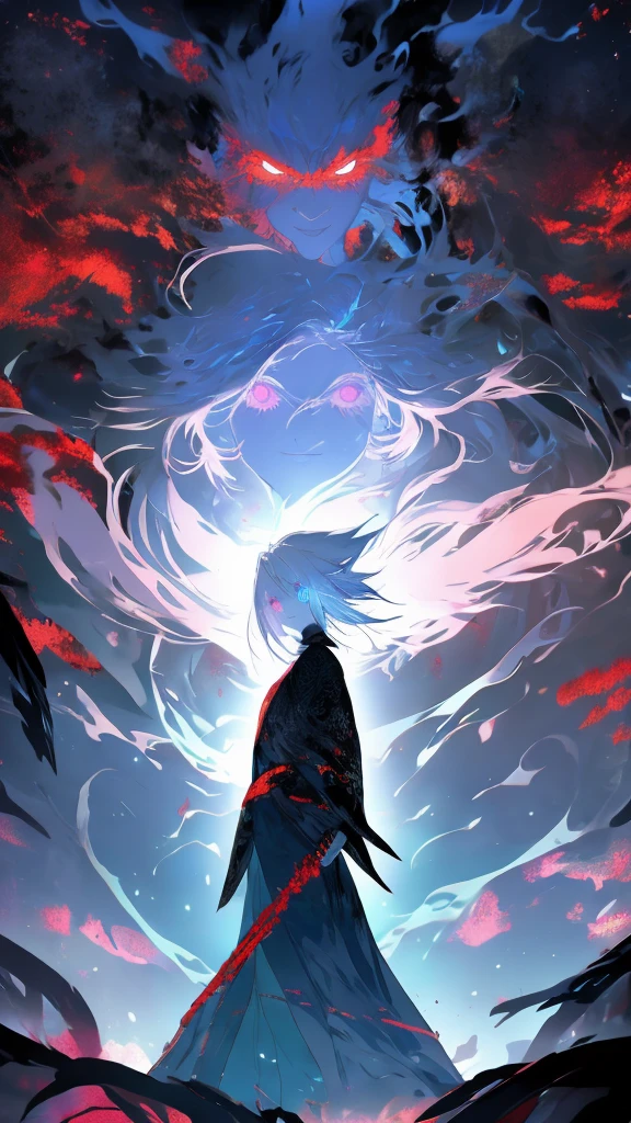 "Create an image of a white-haired man with blue eyes standing in the center of a dark forest filled with countless red, glowing eyes. He is looking directly at the viewer with a wide, crazed smile. The atmosphere is eerie and unsettling, with twisted branches and a fiery glow from the underbrush. The overall mood should be one of horror and dread."