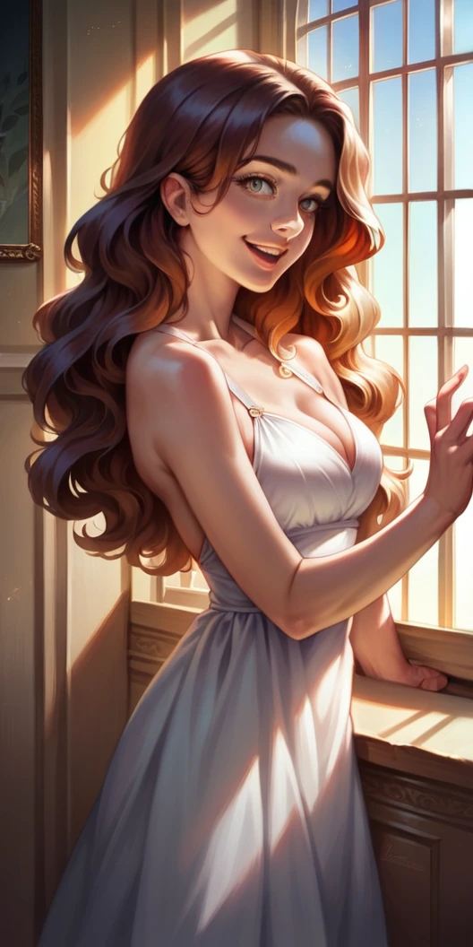 a beautiful woman looking out a window as the sun shines in, happy expression, intricate facial details, porcelain skin, flowing hair, elegant dress, sunlight streaming through window, warm lighting, detailed environment, serene countryside landscape, photorealistic, highly detailed, masterpiece