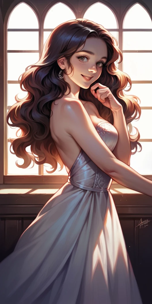 a beautiful woman looking out a window as the sun shines in, happy expression, intricate facial details, porcelain skin, flowing hair, elegant dress, sunlight streaming through window, warm lighting, detailed environment, serene countryside landscape, photorealistic, highly detailed, masterpiece
