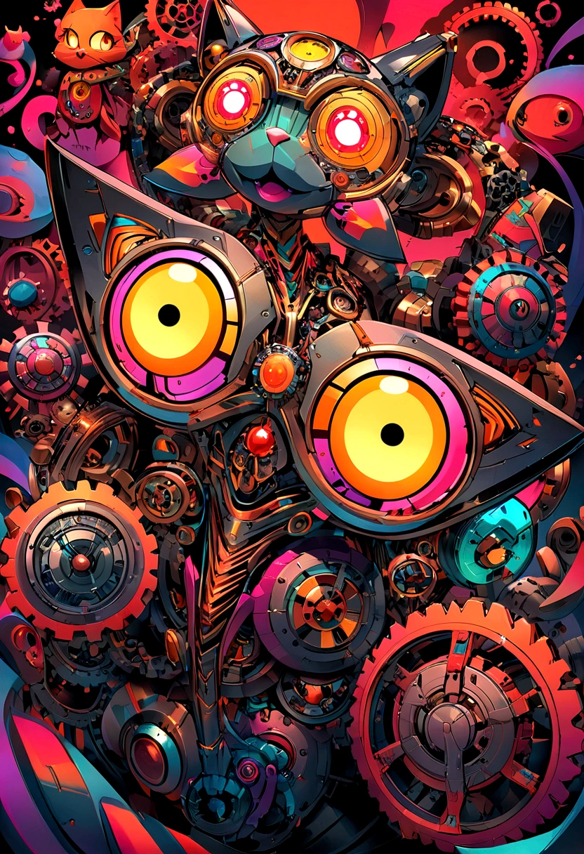 Highly stylized digital artwork of a cat designed in a cartoon animation style, with intricate details, vibrant colors, and mechanical parts. The cat is depicted with exaggerated features, such as large, expressive eyes and a dynamic pose, making it look playful and engaging. The design incorporates mechanical elements like gears, joints, and metal plating, seamlessly integrated into its body. The fur has detailed textures, and the overall design includes various accessories or elements that add personality to the character. The background is simple yet complementary, enhancing the cat's vibrant appearance. The overall design is meant to be visually striking, full of character, and a blend of organic and mechanical aesthetics.