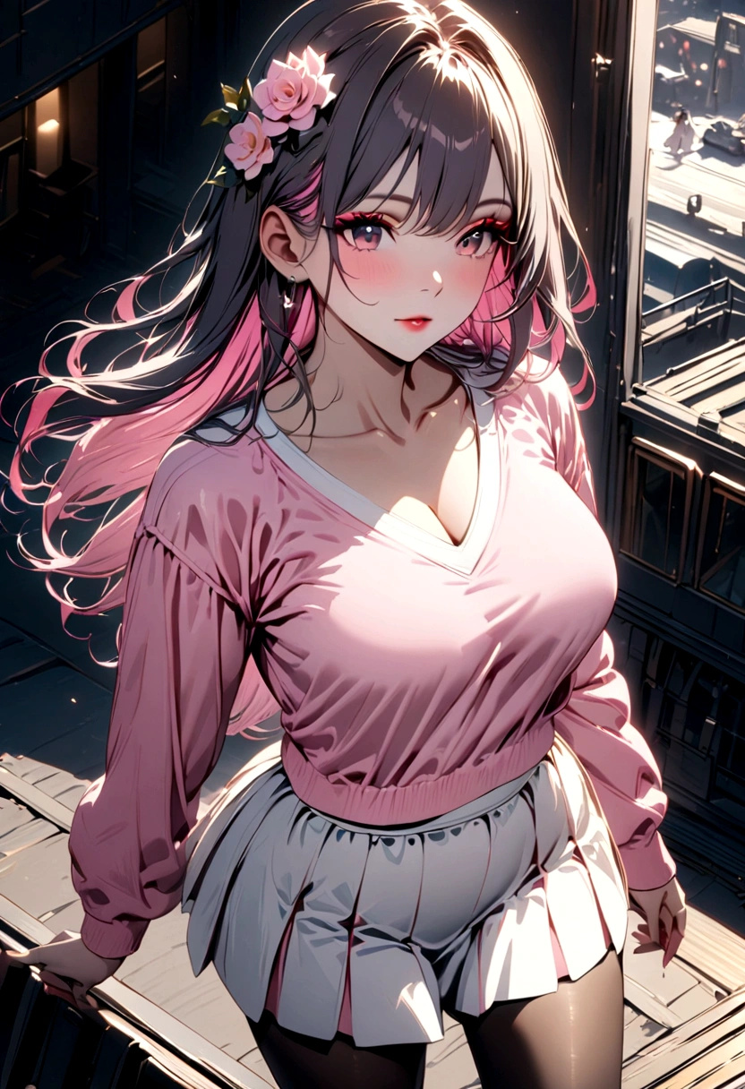 Perfect Woman, colored inner hair, hair flower, makeup, cinematic lighting, UHD, masterpiece, textured skin, high quality, from above, white cropped v-neck t-shirt, baby pink cotton jacket, white skirt, black tights, pink ballet flats. movie set