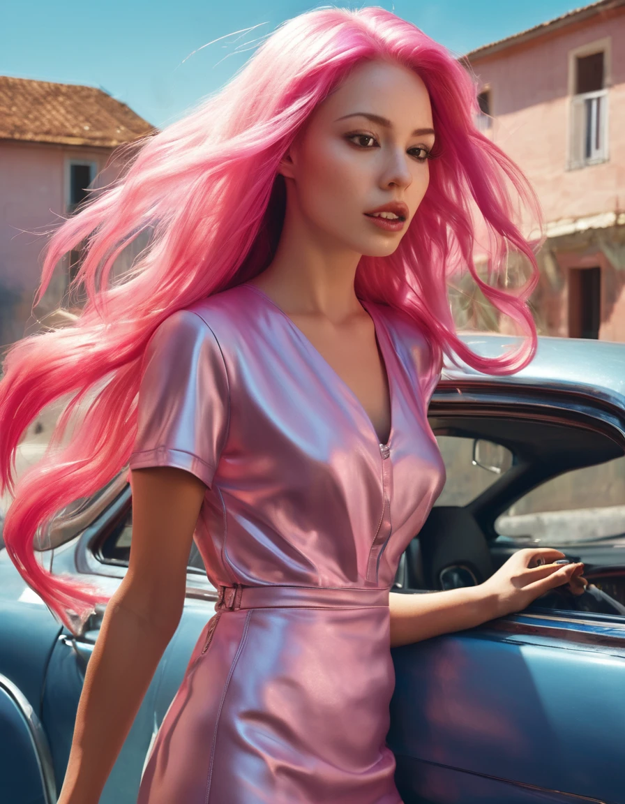 (best quality)1, (best detail)1, (specular highlights)1, (specular reflections)1, (wallpaper)1, cel-shaded poster style, a cool looking french woman with long pink hair, in a leather sticky mini dress stood against a wall in profile, in car's high-beams light, surprised expression, passionate expression, cheeky side-eye, deep decollate:1.4, facing the car-light, facing the camera,wide away shot