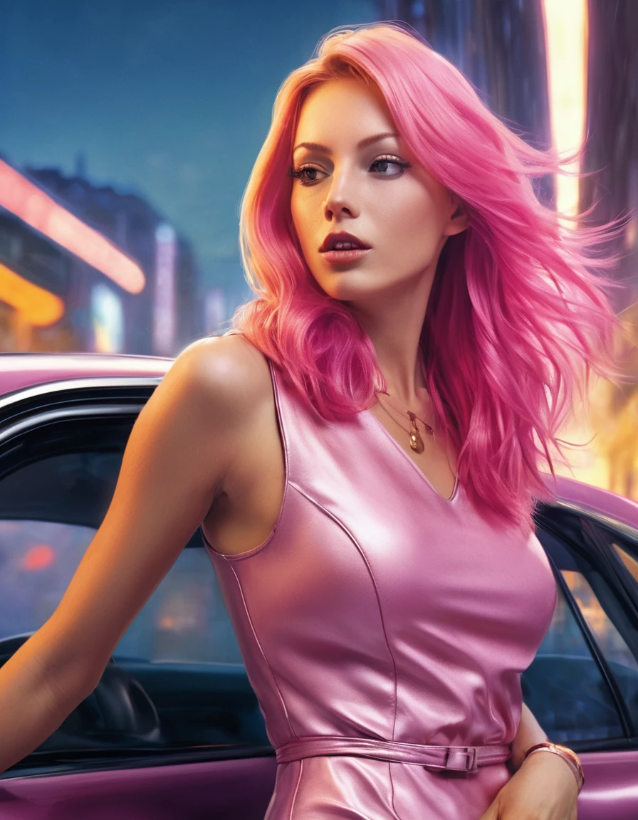 (best quality)1, (best detail)1, (specular highlights)1, (specular reflections)1, (wallpaper)1, cel-shaded poster style, a cool looking french woman with long pink hair, in a leather sticky mini dress stood against a wall in profile, in car's high-beams light, surprised expression, passionate expression, cheeky side-eye, deep decollate:1.4, facing the car-light, facing the camera,wide away shot