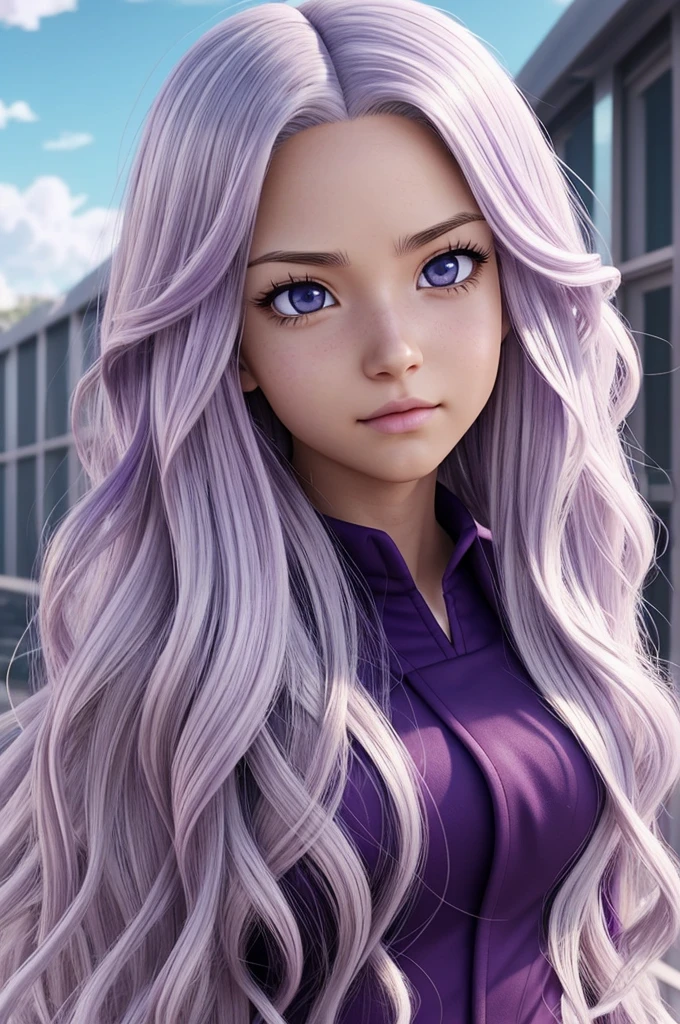 Screenshot anime My hero academia long shot, light skinned woman, long wavy white hair with purple highlights, very light sky colored eyes, slanted eyes and long eyelashes, sexy look with UA uniform, beautiful and attractive with body to envy 2d anime image, wavy hair