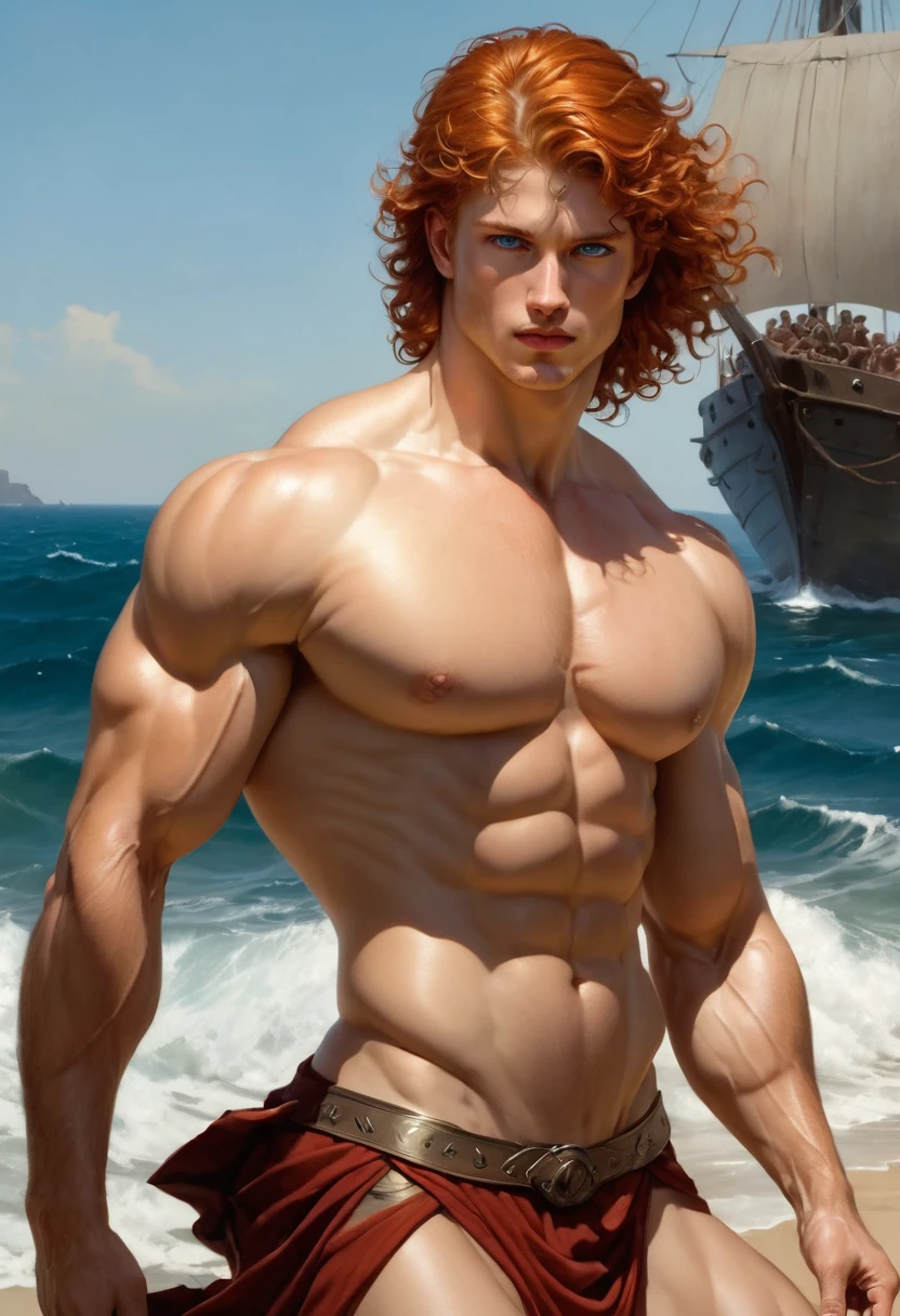 by Aaron Horkey and Jeremy Mann, masterpiece, best quality, Photorealistic, ultra-high resolution, photographic light, illustration by MSchiffer, fairytale, Hyper detailed
A mixture of photography and painting, Composition of Perfect Divine Proportione, 8k resolution
fullbody image,(( view from behind))
full body, oil painting
A young man, white skin, ginger, barbed, hairy body, thin face, straight nose, thin lips, square chin, large light blue eyes, short red wavy hair, in roberto ferri style, aesthetic slim athletic body, ginger realistic skin, gorgeous, detailed tonned muscles, barefoot, perfect anatomy, muscled fitness body,
in caravagio+rubens+rembrant art style.
Young man, perfect anatomy, , energetic splendid, Barefoot, naked, small flacid penis, slim and detailed muscles, shirtless, pantless, fullbody, wearing sandals, the composition of shadows and lights give an atmosphere of spaciousness,
he is a spartan soldier standing on an spartandn ship at the sea, wearing spartan army helmet, small erected penis, barefoot, perfect detailed feet, relaxed body lenguaje, relaxed face expresion.
in the backgroound, sea waves, young gorgeous spartan soldiers.