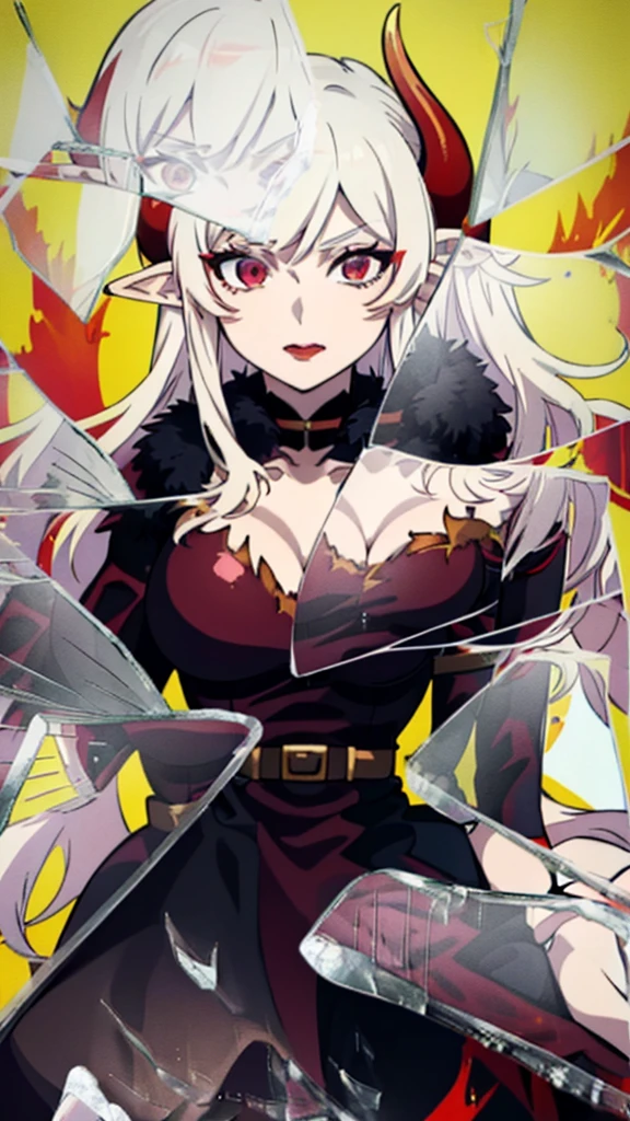 ((1adult woman,solo,milf,mature female)),red eyes,redlipstick,horns,serious,white hair,long hair,(black dress),elf ears,cleavage,(((hair over one eye))),IncrsBrknGls,broken glass, reflection,flame