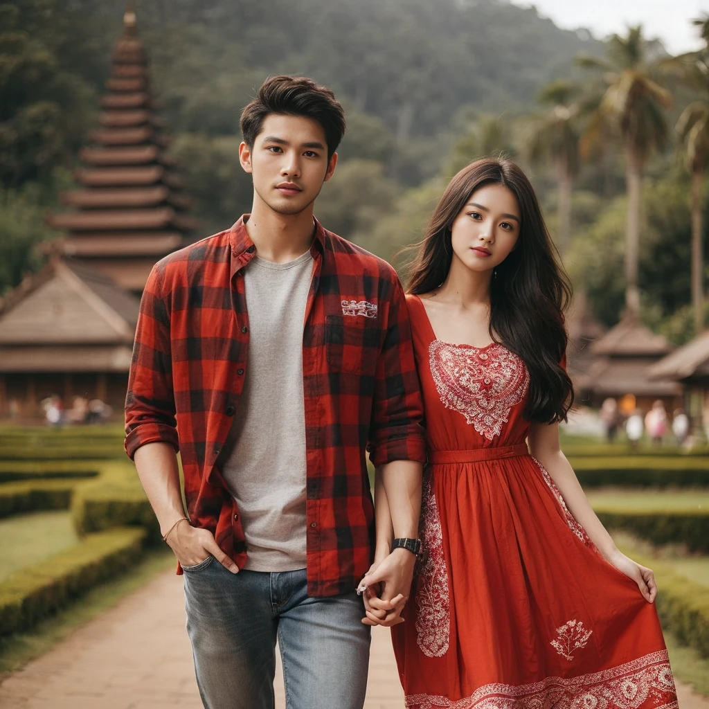 Photography of a clean-faced Indonesian couple, a 28-year-old man with a clean face, a 25-year-old woman, the man wearing a red checkered shirt with a T-shirt inside, wearing jeans, wearing Converse shoes, the woman wearing a knee-length red dress, wearing Converse shoes, posing walking/standing hand in hand against the backdrop of a beautiful natural cultural tourist park full of exotic scenery, with more natural elements like trees or flowers, and a mist effect for a more romantic atmosphere, HD high quality photography, high focus, long shoot, full body, 32k
