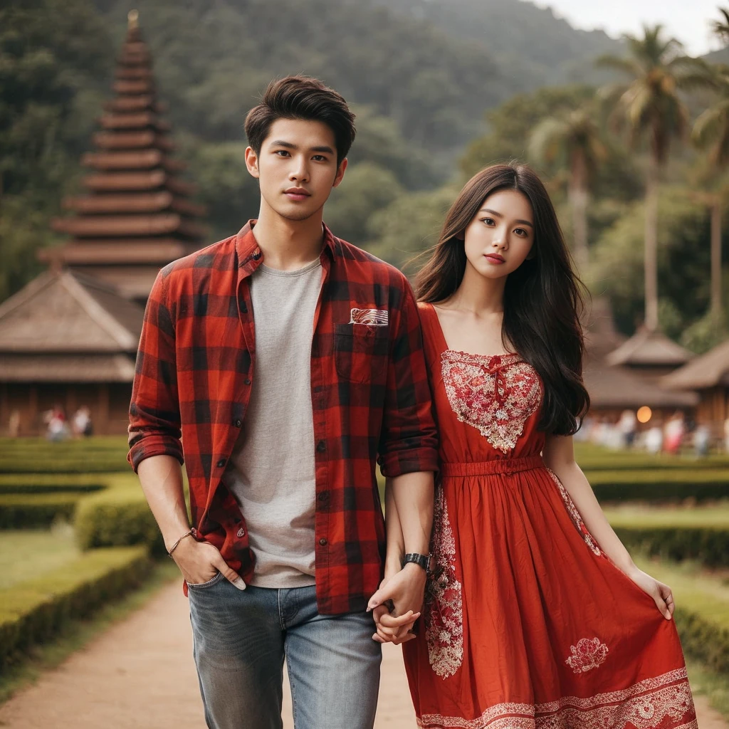 Photography of a clean-faced Indonesian couple, a 28-year-old man with a clean face, a 25-year-old woman, the man wearing a red checkered shirt with a T-shirt inside, wearing jeans, wearing Converse shoes, the woman wearing a knee-length red dress, wearing Converse shoes, posing walking/standing hand in hand against the backdrop of a beautiful natural cultural tourist park full of exotic scenery, with more natural elements like trees or flowers, and a mist effect for a more romantic atmosphere, HD high quality photography, high focus, long shoot, full body, 32k