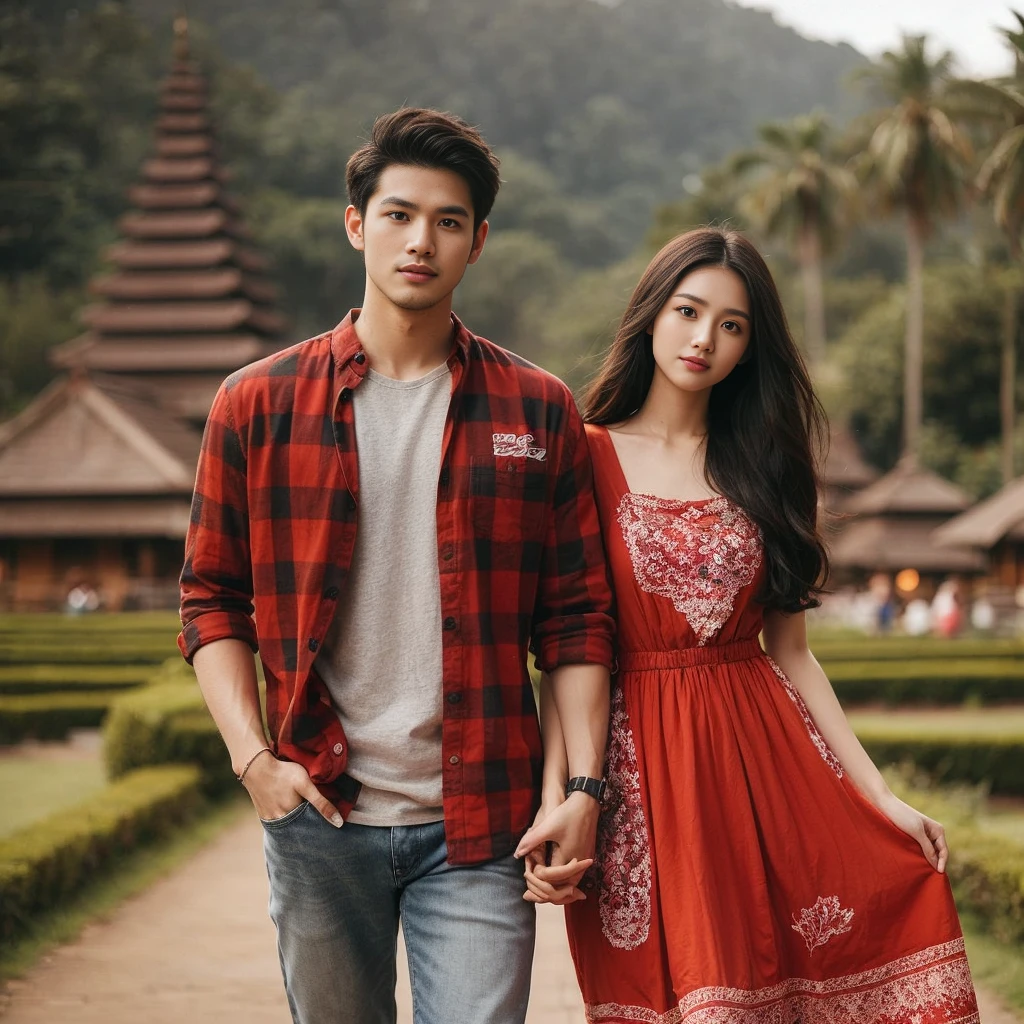 Photography of a clean-faced Indonesian couple, a 28-year-old man with a clean face, a 25-year-old woman, the man wearing a red checkered shirt with a T-shirt inside, wearing jeans, wearing Converse shoes, the woman wearing a knee-length red dress, wearing Converse shoes, posing walking/standing hand in hand against the backdrop of a beautiful natural cultural tourist park full of exotic scenery, with more natural elements like trees or flowers, and a mist effect for a more romantic atmosphere, HD high quality photography, high focus, long shoot, full body, 32k