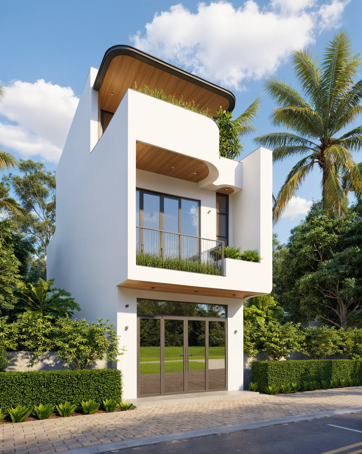 Raw photo,Masterpiece, high quality, best quality, authentic, super detail,
exterior, outdoors, house style modern on the street, glass windows, gate, wooden ceiling,
road,pavement, trees, sky, cloud, (daylight:1.1)
