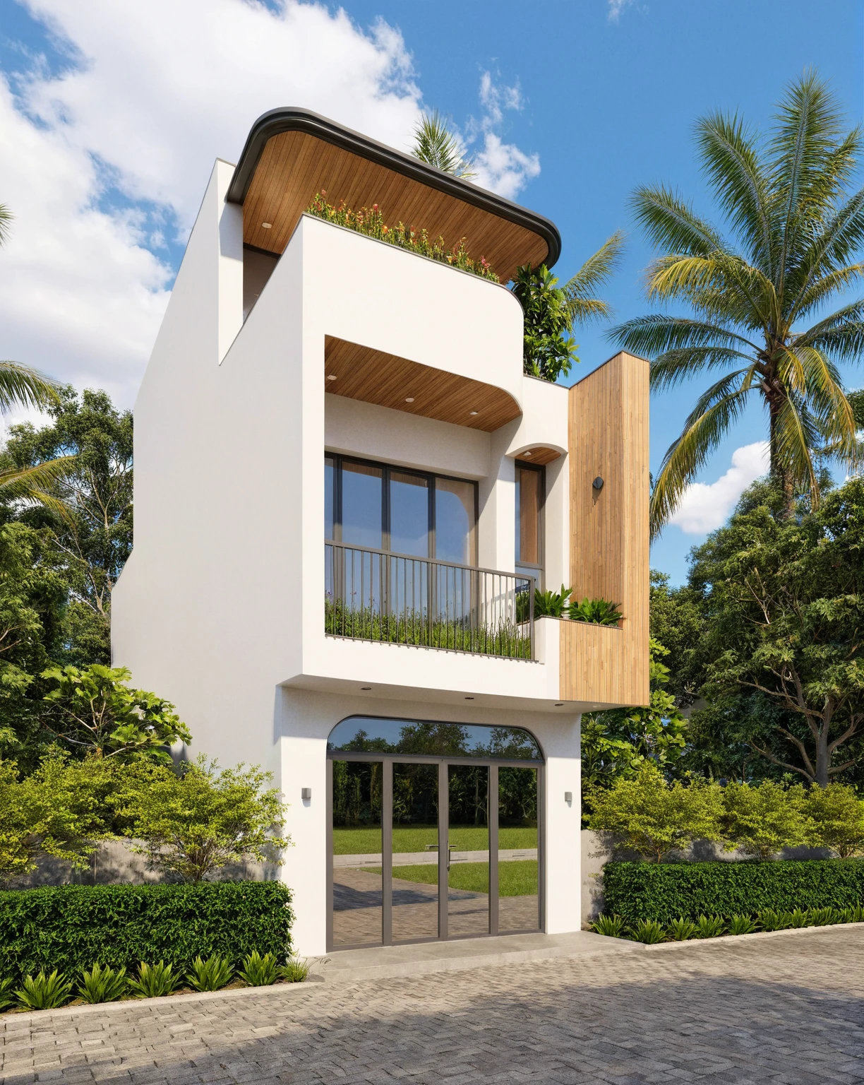 Raw photo,Masterpiece, high quality, best quality, authentic, super detail,
exterior, outdoors, house style modern on the street, glass windows, gate, wooden ceiling,
road,pavement, trees, sky, cloud, (daylight:1.1)