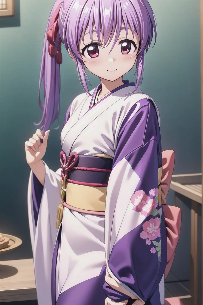 masterpiece, Highest quality, 8K, High resolution, Original girls, garden、(Anime illustration style)、(White kimono),Long-sleeved kimono、Red eyes, Highly detailed face, Highly detailed eyes, Highly detailed background, perfection、smile、Long-sleeved kimono、yukata