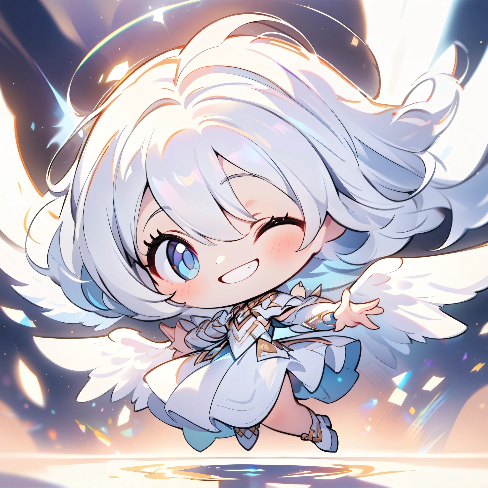 (high quality, 8K, 4K, Deformation, High Contrast, masterpiece:1.2, 最high quality, Best aesthetics), ((White Angel:1.1)), Chibi, Chibiキャラ, A well-balanced and correct appearance, Balanced, (Spreading his white wings:1.4), Long silver hair, White Dress, Pale skin, Beautiful woman, Cute angel, (Cute Smile:1.6), Cute art, Fancy, Background of dancing light particles, Ultra-fine Illustration.