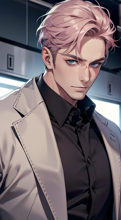 (best quality,4k,8k,highres,masterpiece:1.2),ultra-detailed,(realistic,photorealistic,photo-realistic:1.37),1 man,31 years old,mature man,very handsome,without expression,smile,short grey pink hair,blue eyes,penetrating gaze,perfect face without errors,imposing posture,businessman,office background,cinematic lighting,hdr image