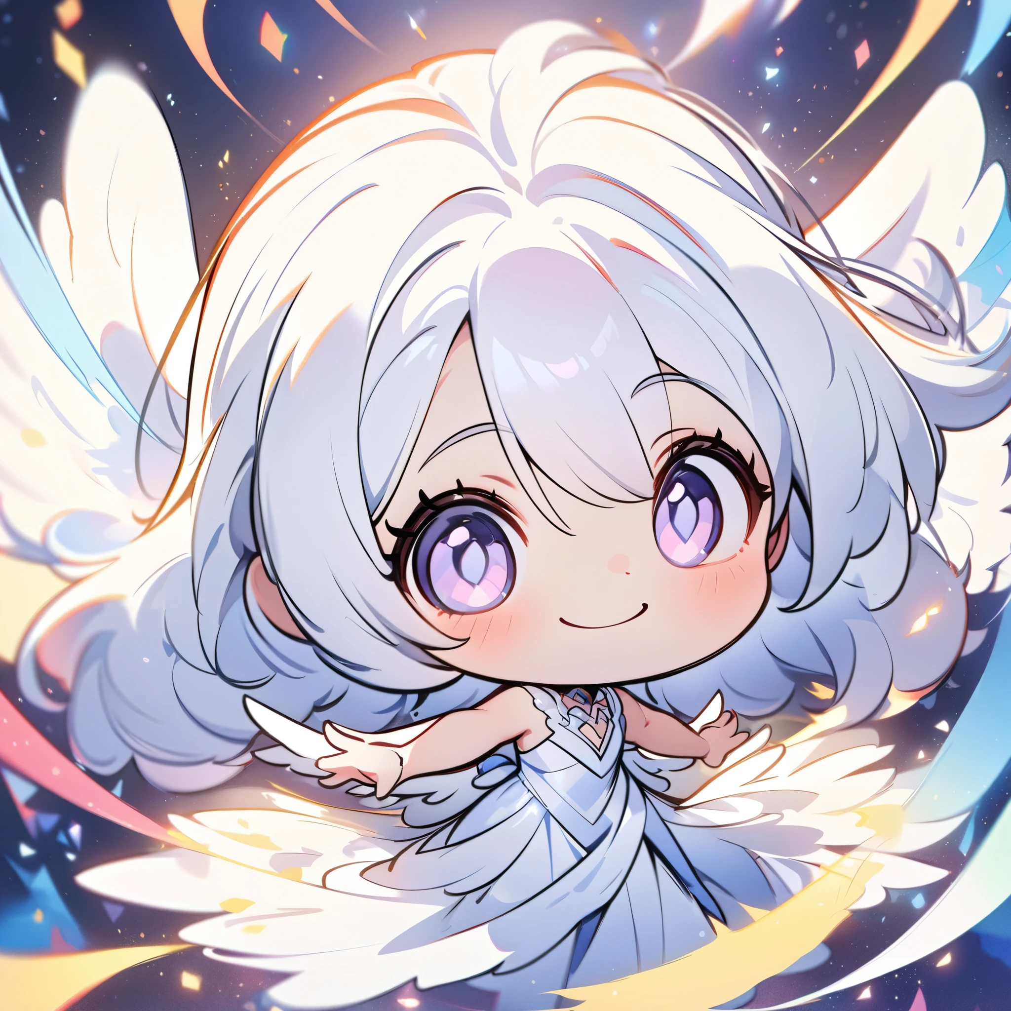 (high quality, 8K, 4K, Deformation, High Contrast, masterpiece:1.2, 最high quality, Best aesthetics), ((White Angel:1.1)), Chibi, Chibiキャラ, A well-balanced and correct appearance, Balanced, (Spreading his white wings:1.4), Long silver hair, White Dress, Pale skin, Beautiful woman, Cute angel, (Cute Smile:1.6), Cute art, Fancy, Background of dancing light particles, Ultra-fine Illustration.