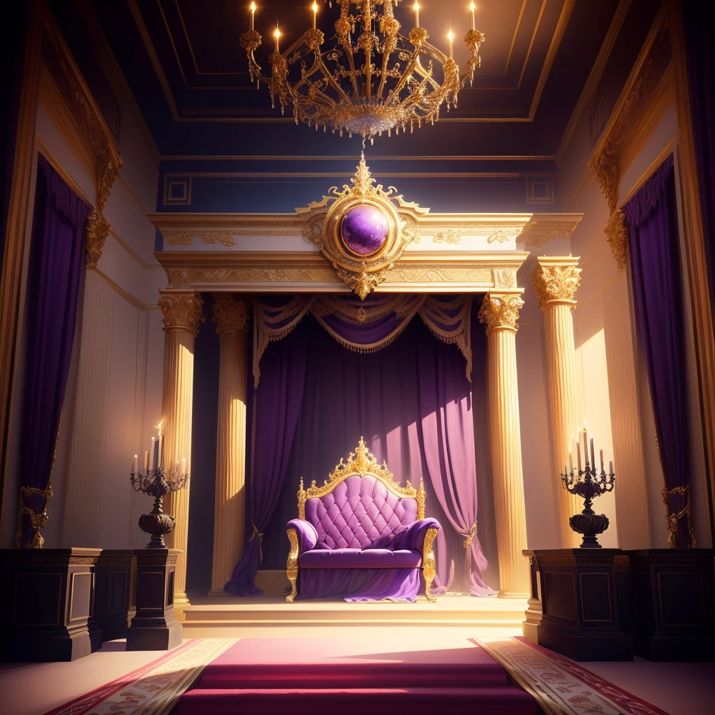 Purple and Gold Room,Purple carpet, decadent The Golden Throne Room, exquisitely designed The Golden Throne Room, The Golden Throne Room, Stunning mysterious background, odin's stone Arena Background, Palace Background, Kingdom of Light Background, rustic The Golden Throne Room, The intricate interior of the castle, Purple and gold color scheme, Arena Background, ballroom background, Detailed game art, Gorgeous border + Concept Art