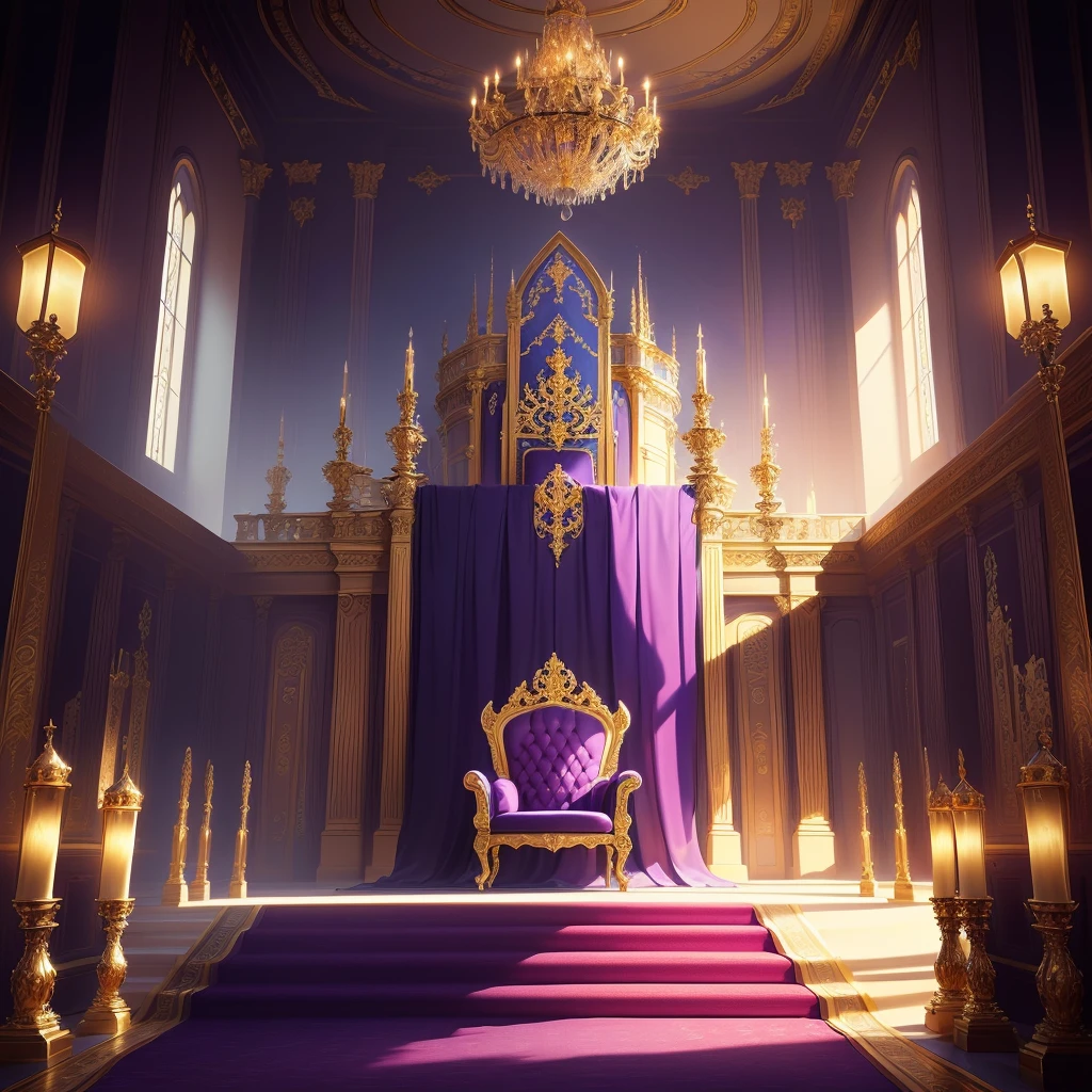 Purple and Gold Room，Purple carpet, decadent The Golden Throne Room, exquisitely designed The Golden Throne Room, The Golden Throne Room, Stunning mysterious background, odin's stone Arena Background, Palace Background, Kingdom of Light Background, rustic The Golden Throne Room, The intricate interior of the castle, Purple and gold color scheme, Arena Background, ballroom background, Detailed game art, Gorgeous border + Concept Art