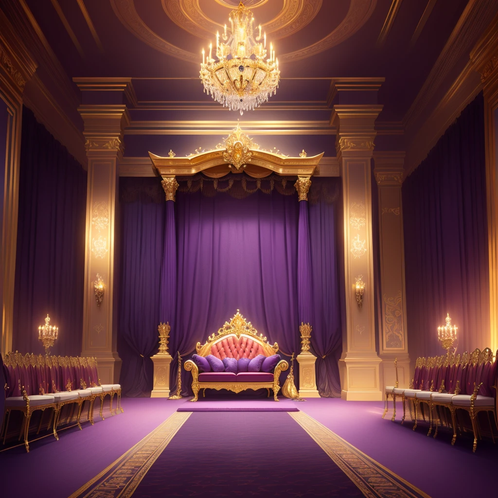 Purple and Gold Room,Purple carpet, decadent The Golden Throne Room, exquisitely designed The Golden Throne Room, The Golden Throne Room, Stunning mysterious background, odin's stone Arena Background, Palace Background, Kingdom of Light Background, rustic The Golden Throne Room, The intricate interior of the castle, Purple and gold color scheme, Arena Background, ballroom background, Detailed game art, Gorgeous border + Concept Art