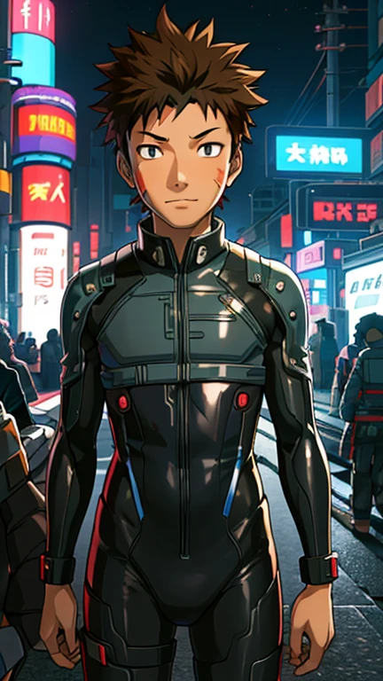 (8k),(masterpiece),(Japanese),(-yeld bo((innocent look)),((Childish)),From the front,smile,cute,Innocent,Kind eyes,Flat chest, Kiba Inuzuka wearing cyberpunk bodysuit,Short,Hair blowing in the wind, Brown Hair,Strong wind,night,dark, Neon light cyberpunk Konoha Space Station 