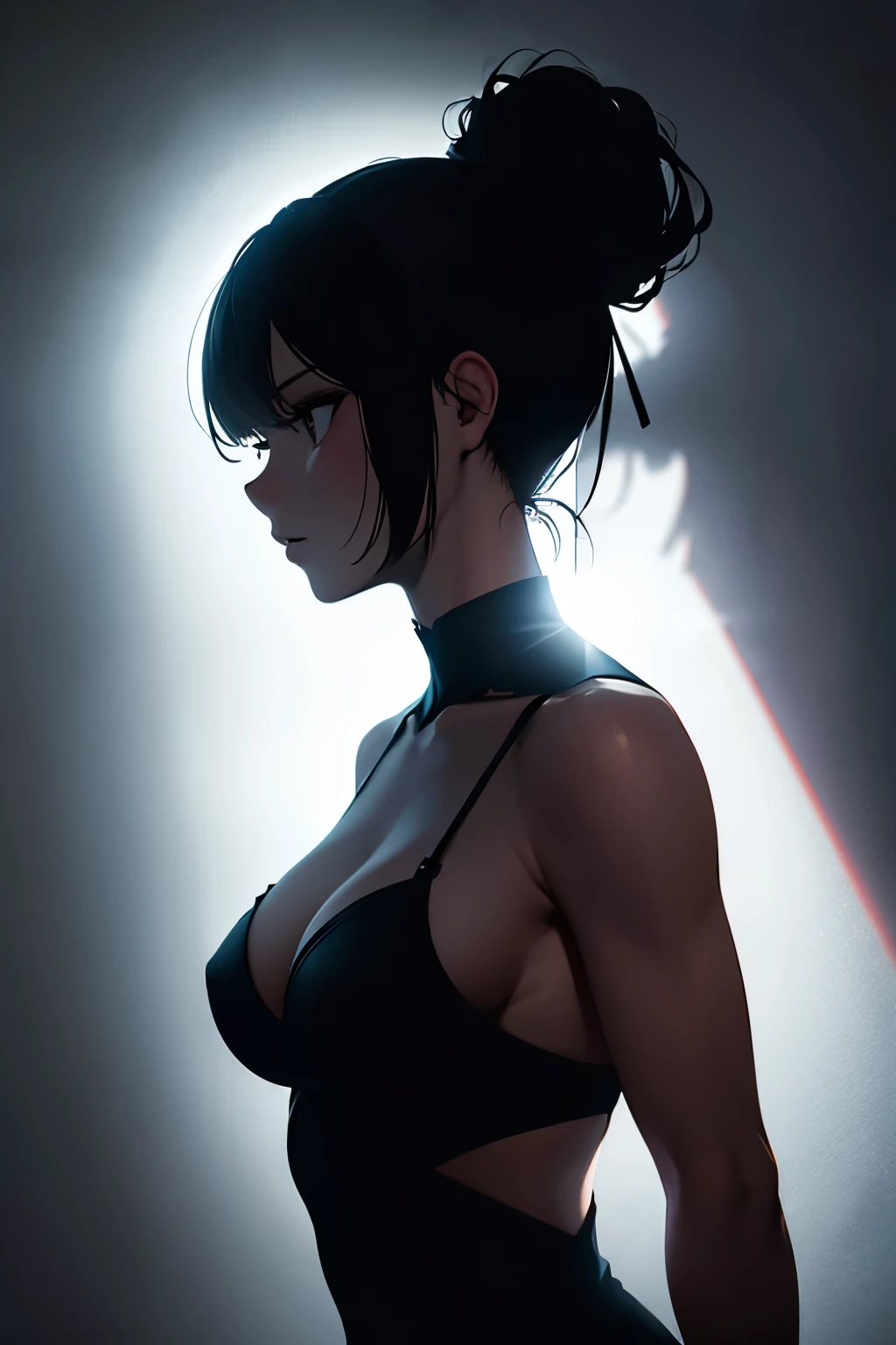 silhouette of a woman, image against strong light, detailed, points of light, perfect body silhouette, shadow.