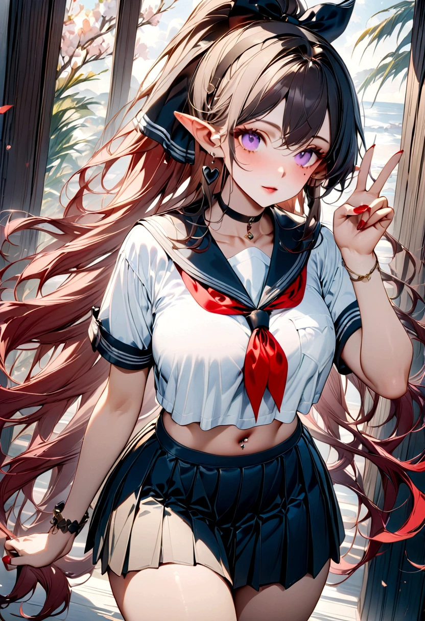 masterpiece, top quality, best quality, official art, beautiful and aesthetic:1.2),(8k, best quality, masterpiece:1.2), (((masterpiece))),(((best quality))),(((extremely detailed))), illustration, who, (masterpiece, top quality, best quality, official art, beautiful and aesthetic:1.2),(8k, best quality, masterpiece:1.2), yinlin_(wuthering_waves), 1girl, solo, pointy ears, score_9,score_8_up,score_7_up,mole_under_eye, clothing_cutout, 1girl, solo, skirt, long hair, , red hair, navel piercing, serafuku, hand on own hip, purple eyes, navel, pointy ears, jewelry, short sleeves, crop top, looking at viewer, choker, pleated skirt, very long hair, red nails, breasts, black choker, sailor collar, black skirt, shirt, ponytail, piercing, midriff, hairband, neckerchief, miniskirt, earrings, red neckerchief, cowboy shot, white shirt, standing, stomach, bracelet, black hairband, nail polish, heart, bow, black sailor collar, crop top overhang, thighs, hand up, hair bow, alternate costume, large breasts, w, parted lips, v, tattoo, white background