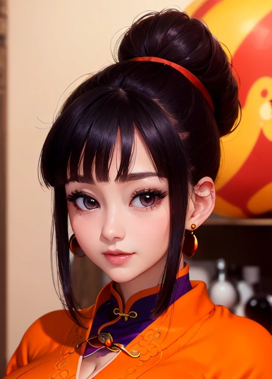 masterpiece, best quality, best quality, Reality, Perfect anatomical structure, Perfect face, Perfect eyes,,(((Full and soft breasts,)))(((Huge breasts))) (((Cleavage))) (Perfect curvy figure),
dbzch1ch1, Side lock, Bangs, single Hair Bun, Hair Bun, (black eyes), Orange cashmere, Red spherical earrings , Red wristband, Purple cheongsam
