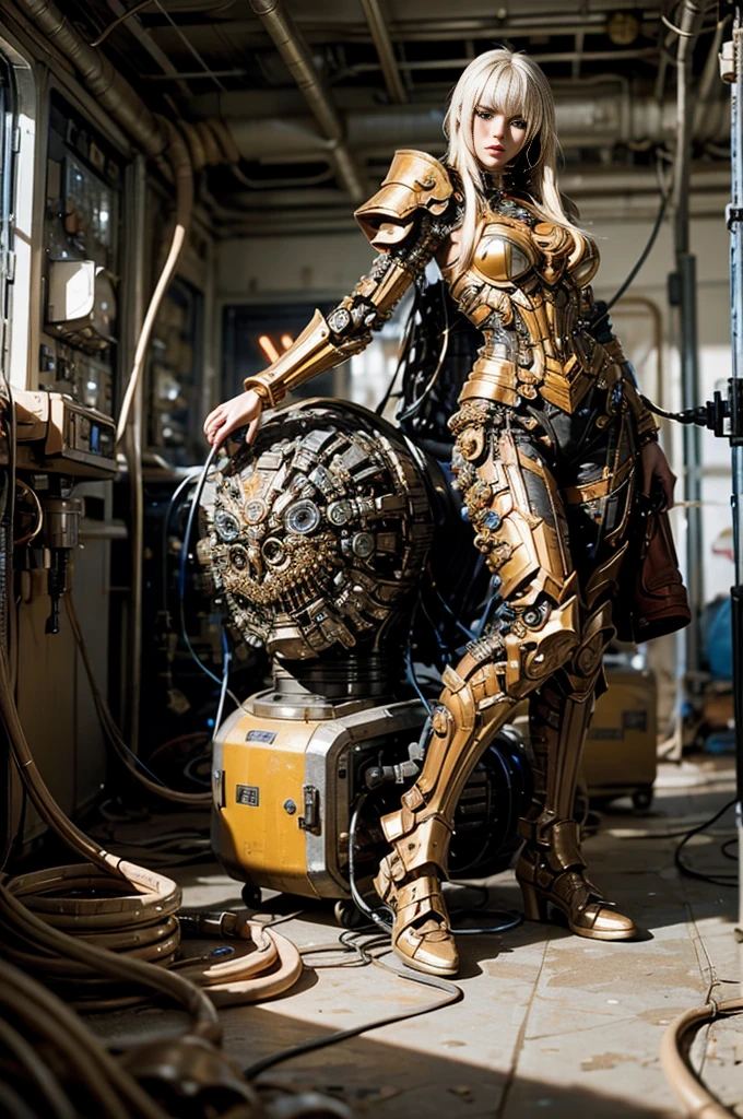 A full-length figure of a cool girl wearing a detailed mechanical armored suit. Exposed wiring, lots of cords and tubes connecting to the system. 