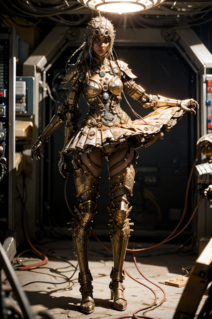 A full-length figure of a cool girl wearing a detailed mechanical armored suit. Exposed wiring, lots of cords and tubes connecting to the system. 