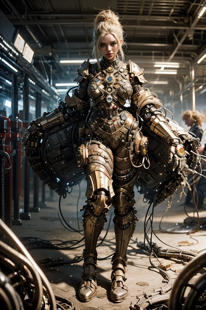 A full-length figure of a cool girl wearing a detailed mechanical armored suit. Exposed wiring, lots of cords and tubes connecting to the system. 