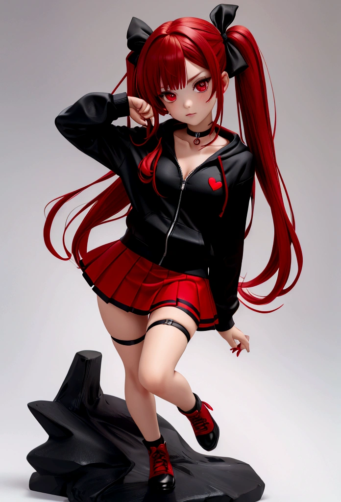 a girl with a red skirt and a black skirt that is under the red shirt . red stockings . red zip up hoodie, black shirt underneath with short sleeves and ,red hair, long hair and a flower with a ribbon on the bottom on the side on the hair and red eyes has a black Choker , and a small heart red necklace , has a ribbon bow waistband , full body