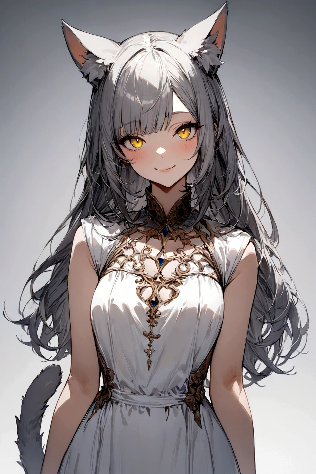 ((masterpiece)), ((best quality)), (from front, facing front:1.32), (close-up:1.2), (half-body shot:1.36), (side bangs hairstyle), perfect anatomy, 1girl, solo, adult cat girl, long gray straight hair, yellow round eyes, gray cat ears, a gray fluffy cat tail, basic short-sleeved loose white dress, smiling, looking at viewers