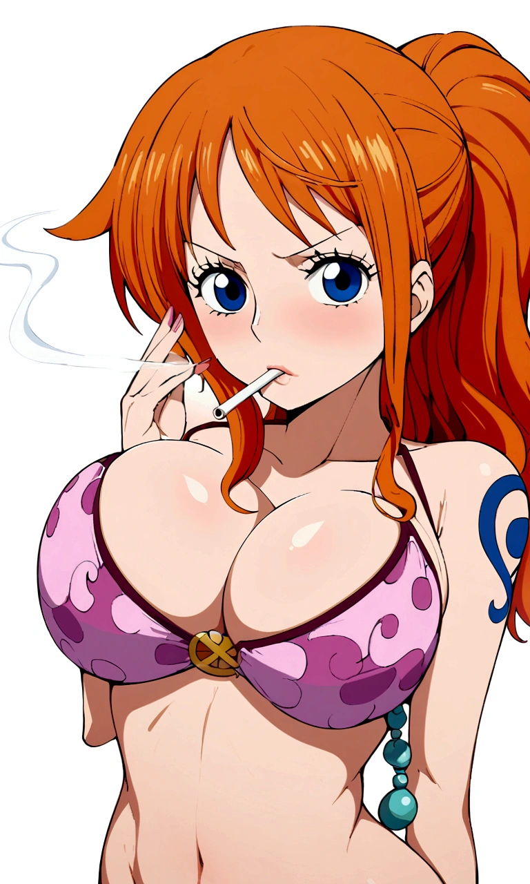 a cartoon picture of a woman in a bikini top and jeans, nami one piece, nami from one piece, nami, beautiful portrait of nami, from one piece, oppai, blue eyes, smoking, ponytail, nsfw