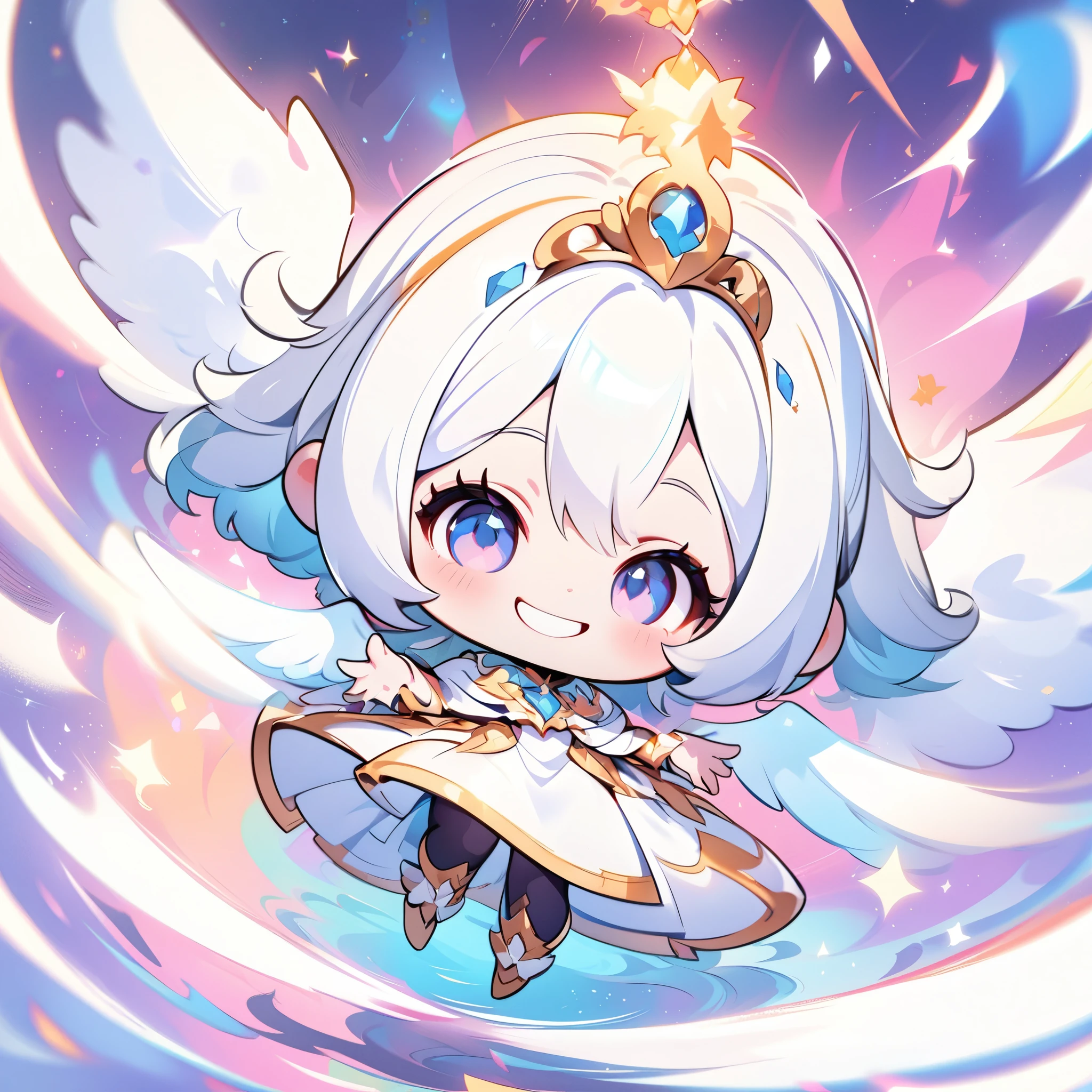 (high quality, 8K, 4K, Deformation, High Contrast, masterpiece:1.2, 最high quality, Best aesthetics), ((White Angel:1.1)), Chibi, Chibiキャラ, A well-balanced and correct appearance, Balanced, (Spreading his white wings:1.4), Long silver hair, White Dress, Pale skin, Beautiful woman, Cute angel, (Cute Smile:1.6), Cute art, Fancy, Background of dancing light particles, Ultra-fine Illustration.