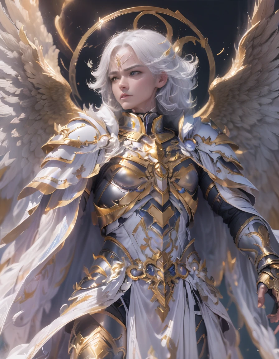 A god with golden armor. With furious wings. Fly in the sky. White hair. White beard. Men. A staff in his hand. Sit on altar. Full body. Man. 