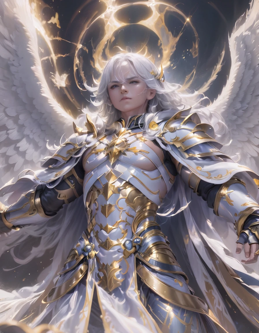 A god with golden armor. With furious wings. Fly in the sky. White hair. White beard. Men. A staff in his hand. Sit on altar. Full body. Man. 